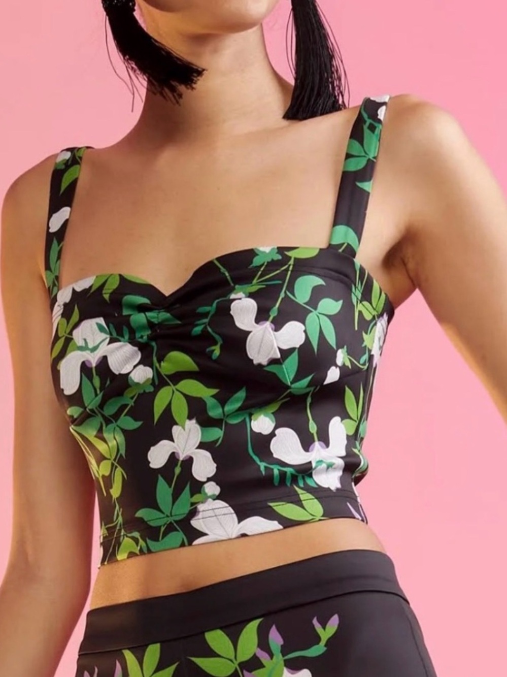Cynthia Rowley Black Floral Sweetheart Crop Top with Green and White